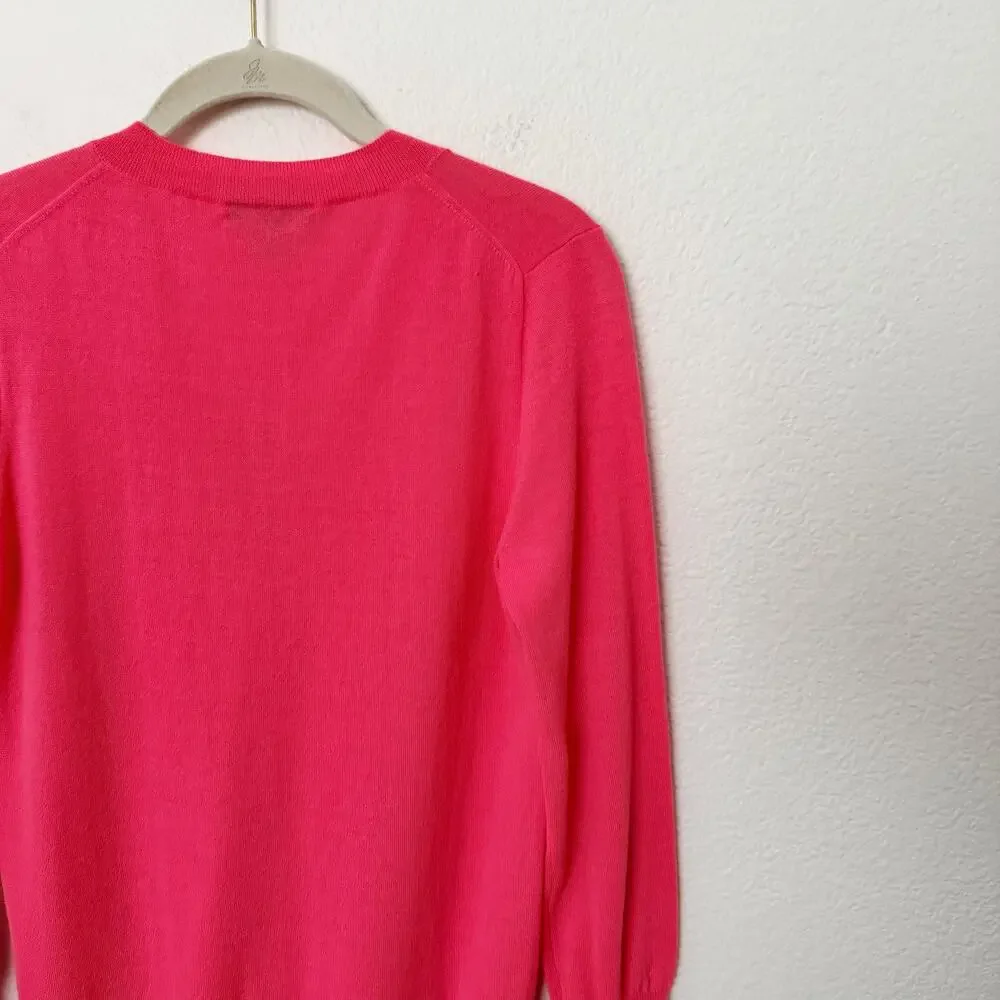 [J. Crew] Bright Pink 100% Merino Wool V-Neck Sweater Lightweight Size Small S